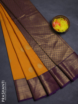 Mustard Yellow & Violet Semi Kanchipram Silk - Buttas
