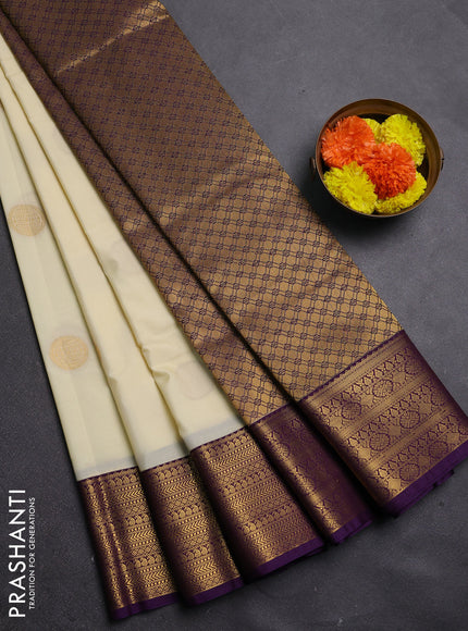 Cream & Violet Semi Kanchipram Silk - Buttas