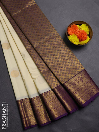 Cream & Violet Semi Kanchipram Silk - Buttas
