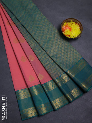 Peach Pink & Green Semi Kanchipram Silk - Buttas