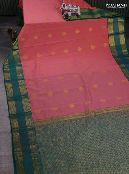Peach Pink & Green Semi Kanchipram Silk - Buttas