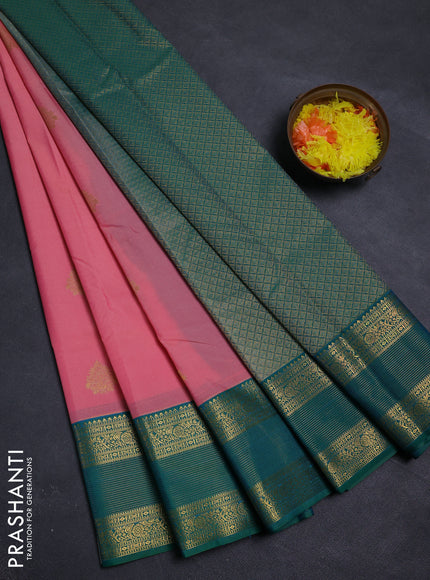 Peach Pink & Green Semi Kanchipram Silk - Buttas