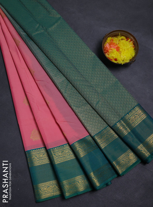 Peach Pink & Green Semi Kanchipram Silk - Buttas
