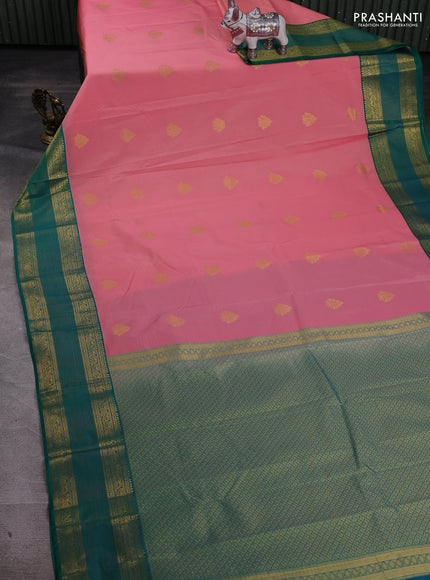 Peach Pink & Green Semi Kanchipram Silk - Buttas