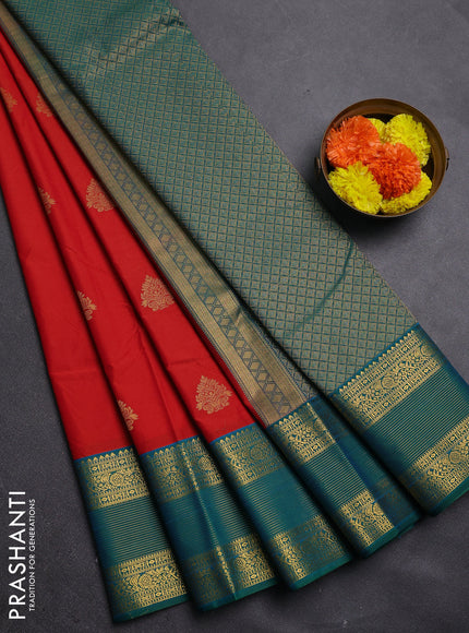 Red & Green Semi Kanchipram Silk - Buttas