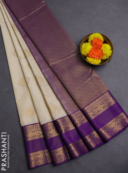 Cream & Purple Semi Kanchipram Silk - Buttas