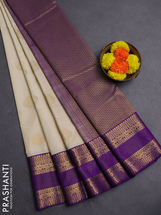Cream & Purple Semi Kanchipram Silk - Buttas