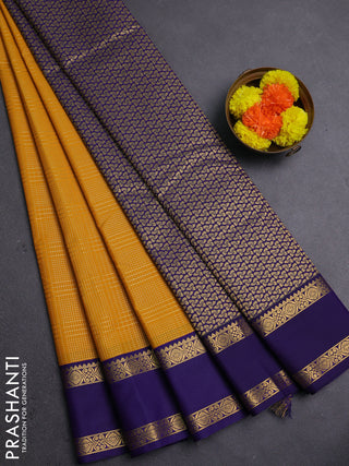 Mustard Yellow & Blue Semi Kanchipram Silk - Checks