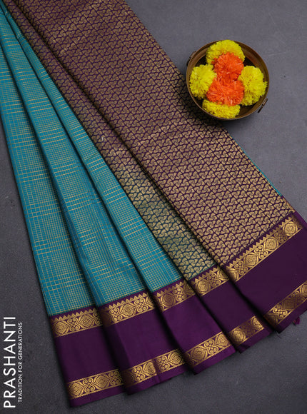 Teal Blue & Purple Semi Kanchipram Silk - Checks