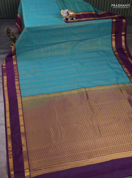 Teal Blue & Purple Semi Kanchipram Silk - Checks
