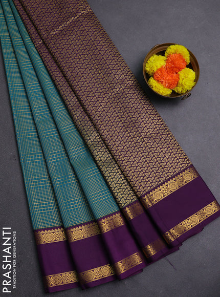 Peacock Blue & Purple Semi Kanchipram Silk - Checks