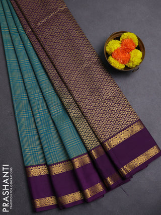 Peacock Blue & Purple Semi Kanchipram Silk - Checks