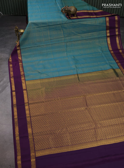 Peacock Blue & Purple Semi Kanchipram Silk - Checks