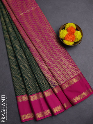 Bottle Green & Pink Semi Kanchipram Silk - Checks