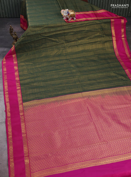 Bottle Green & Pink Semi Kanchipram Silk - Checks