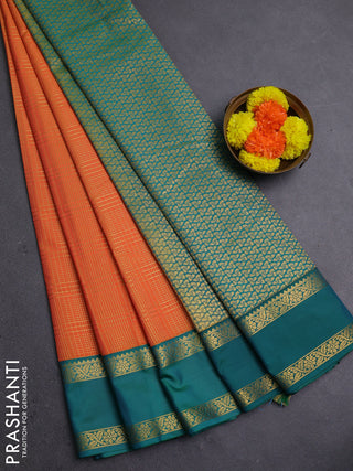 Orange & Green Semi Kanchipram Silk - Checks