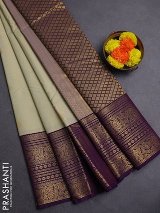Beige & Purple Semi Kanchipram Silk - Buttas