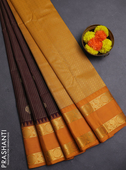 Coffee Brown & Mustard Yellow Semi Kanchipram Silk - Checks