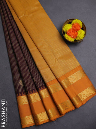 Coffee Brown & Mustard Yellow Semi Kanchipram Silk - Checks