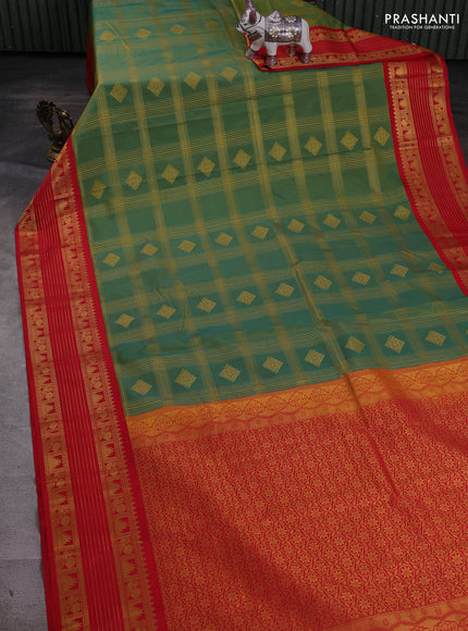 Green & Red Semi Kanchipram Silk - Checks