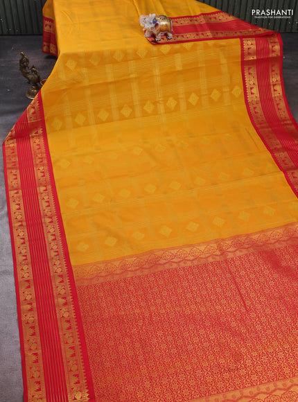 Mustard Yellow & Red Semi Kanchipram Silk - Checks