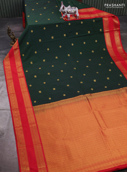 Bottle Green & Red Semi Kanchipram Silk - Buttas