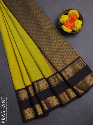 Lime Green & Coffee Brown Semi Kanchipram Silk - Buttas