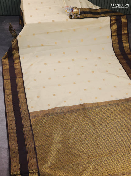 Cream & Coffee Brown Semi Kanchipram Silk - Buttas