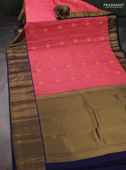 Candy Pink & Navy Blue Semi Kanchipram Silk - Buttas