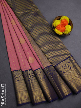 Peach Pink & Navy Blue Semi Kanchipram Silk - Checks