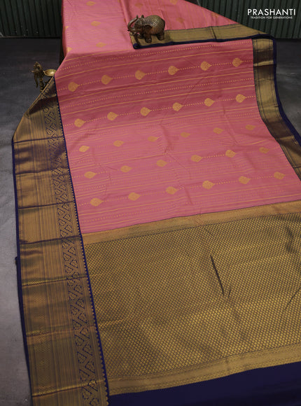 Peach Pink & Navy Blue Semi Kanchipram Silk - Checks
