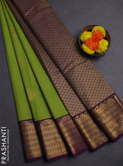 Lime Green & Purple Semi Kanchipram Silk - Checks