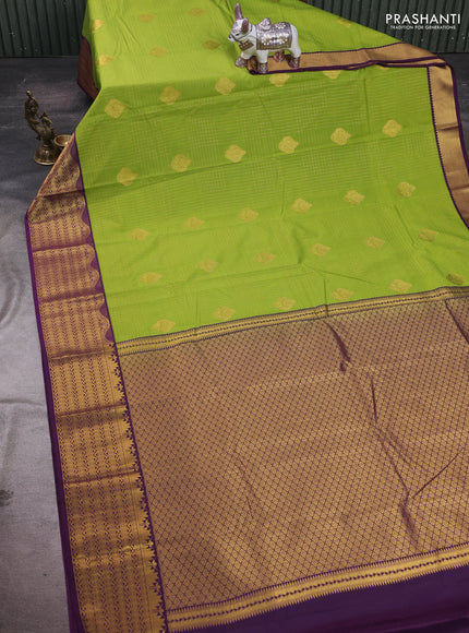 Lime Green & Purple Semi Kanchipram Silk - Checks