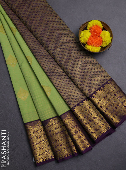 Pista Green & Purple Semi Kanchipram Silk - Checks