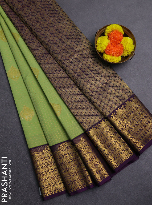 Pista Green & Purple Semi Kanchipram Silk - Checks