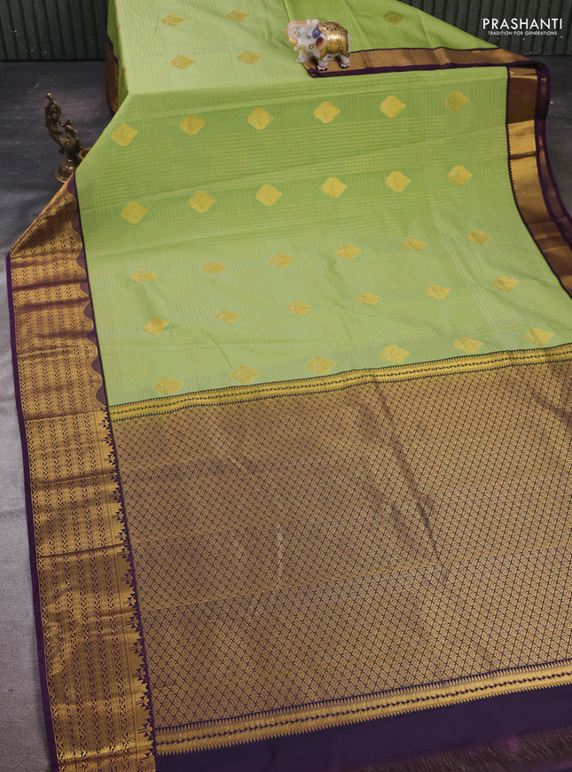 Pista Green & Purple Semi Kanchipram Silk - Checks