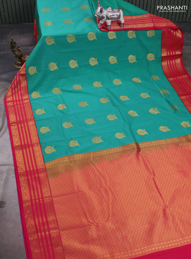 Teal Green & Pink Semi Kanchipram Silk - Buttas