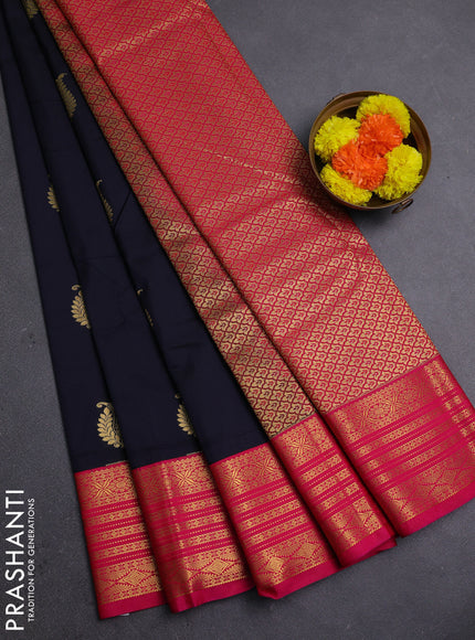 Navy Blue & Pink Semi Kanchipram Silk - Buttas