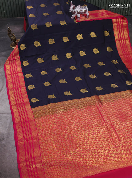 Navy Blue & Pink Semi Kanchipram Silk - Buttas