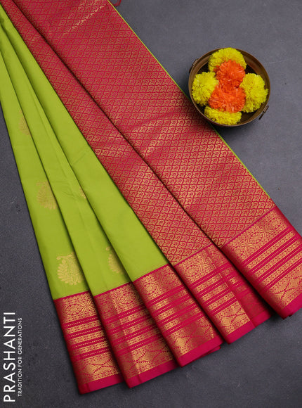 Lime Green & Pink Semi Kanchipram Silk - Buttas
