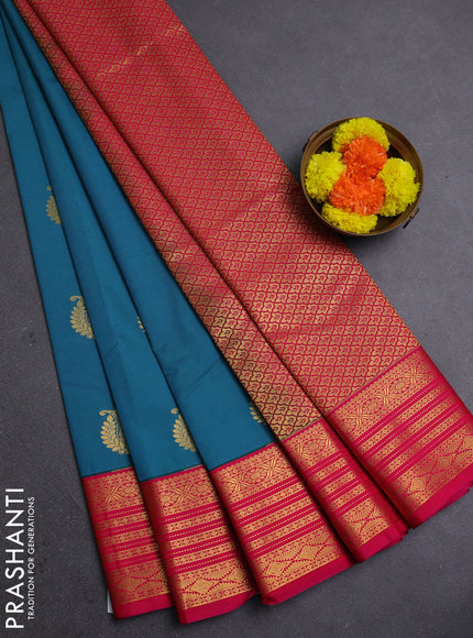 Peacock Blue & Pink Semi Kanchipram Silk - Buttas