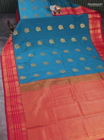 Peacock Blue & Pink Semi Kanchipram Silk - Buttas