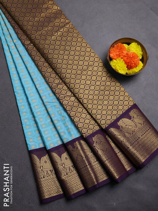 Aqua Blue & Violet Semi Kanchipram Silk - Buttas