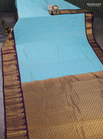 Aqua Blue & Violet Semi Kanchipram Silk - Buttas