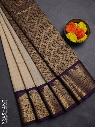 Cream & Purple Semi Kanchipram Silk - Buttas