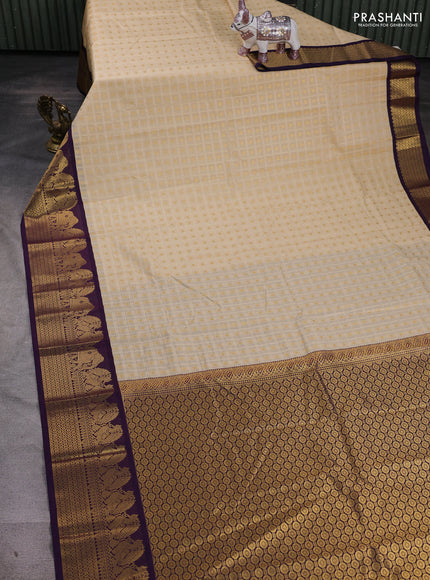 Cream & Purple Semi Kanchipram Silk - Buttas