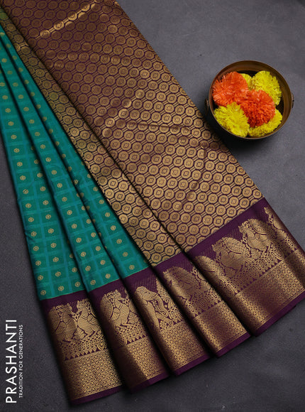 Green & Purple Semi Kanchipram Silk - Buttas