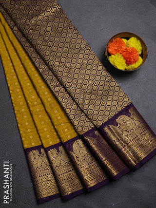 Mustard Green & Violet Semi Kanchipram Silk - Buttas