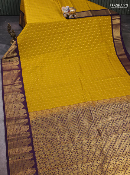 Mustard Green & Violet Semi Kanchipram Silk - Buttas