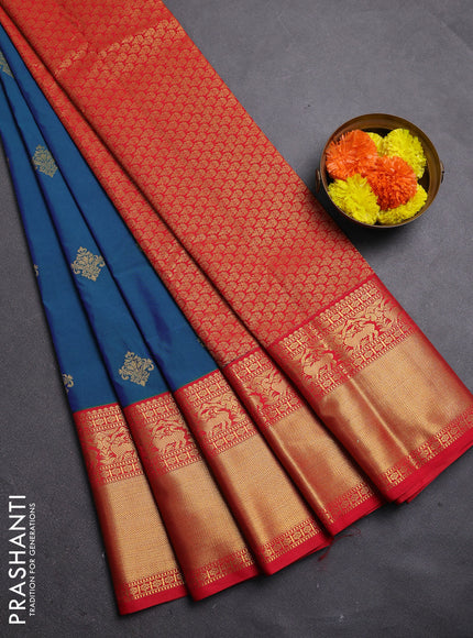 Blue & Red Semi Kanchipram Silk - Buttas
